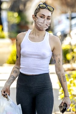 Miley Cyrus Braless In LA Today